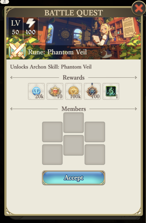Lv.50 battle quest offering the Phantom Veil rune
