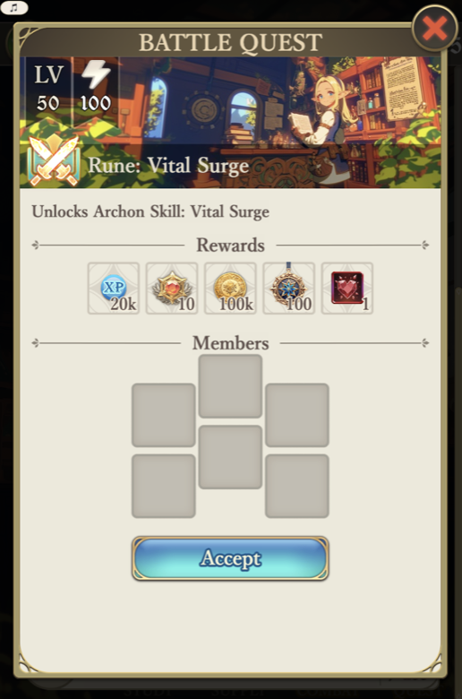 Lv.50 battle quest offering the Vital Surge rune