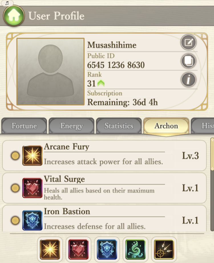 Archon tab with the player's equipped 5 archon skills and their charge counts