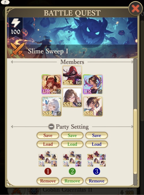Party setting with 3 save/load slots