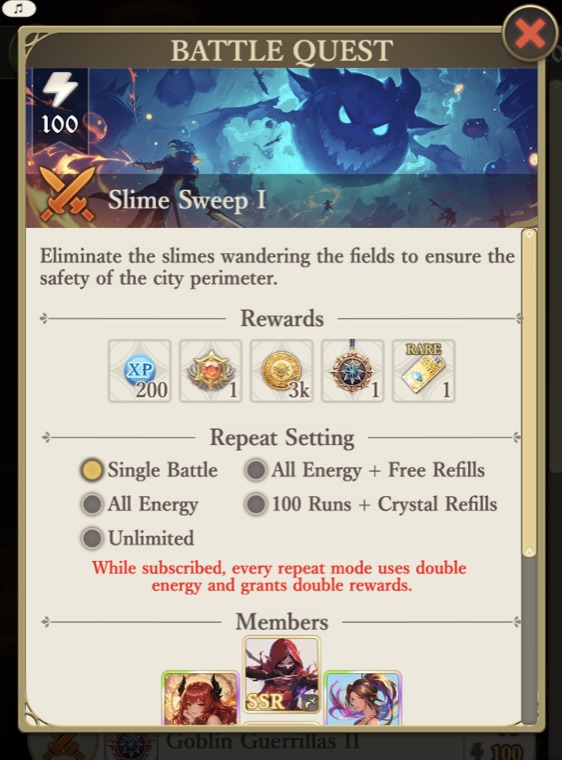 The five battle repeat modes in the quest panel