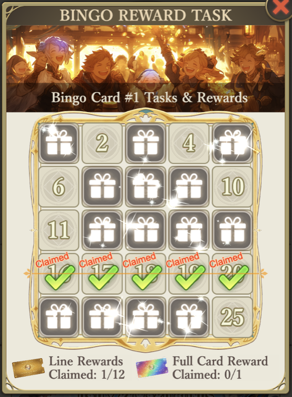 Bingo Reward Task card showing a 5x5 grid of tasks