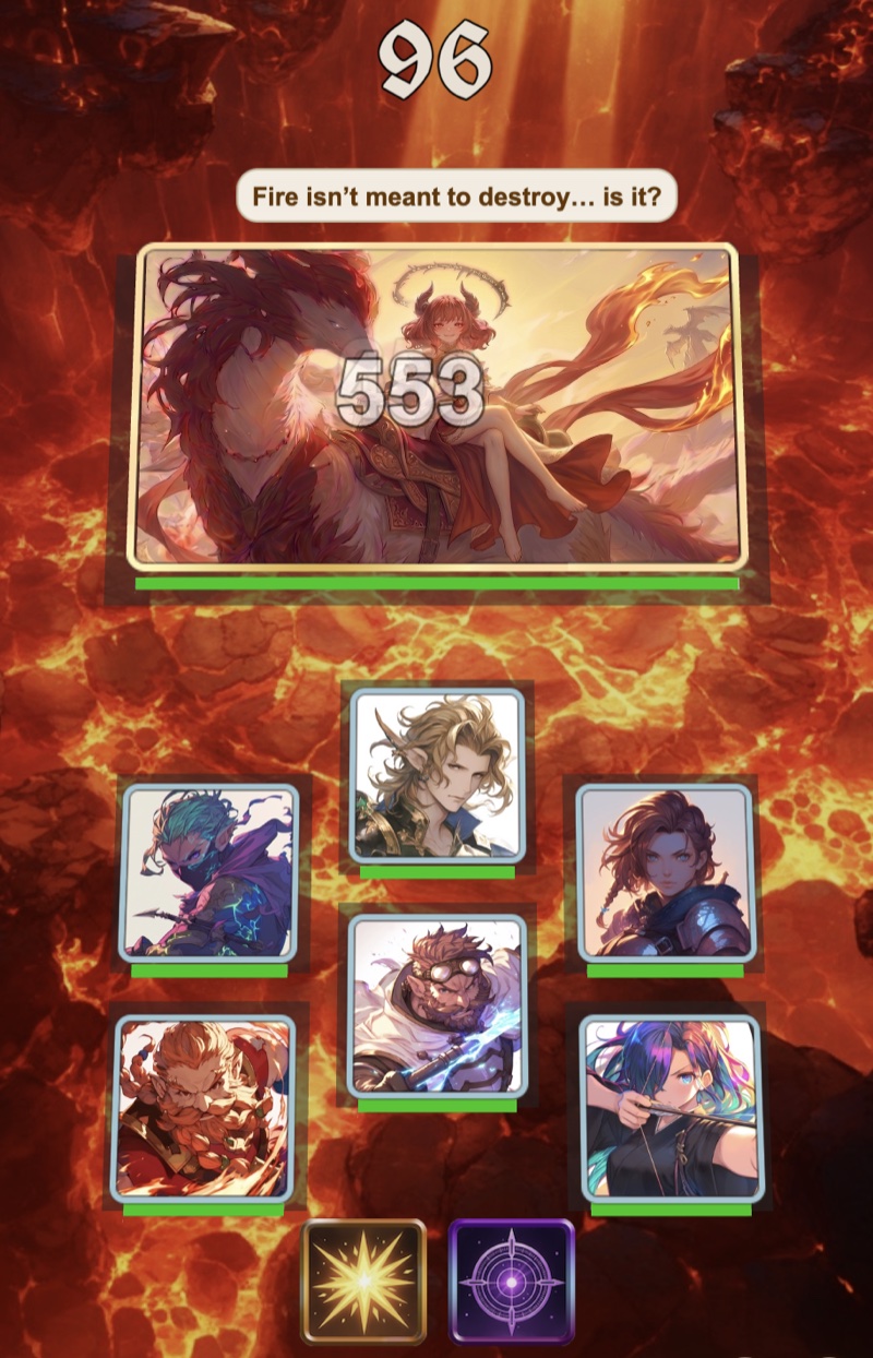 Azcarion battle screen — fire-element boss fight in progress