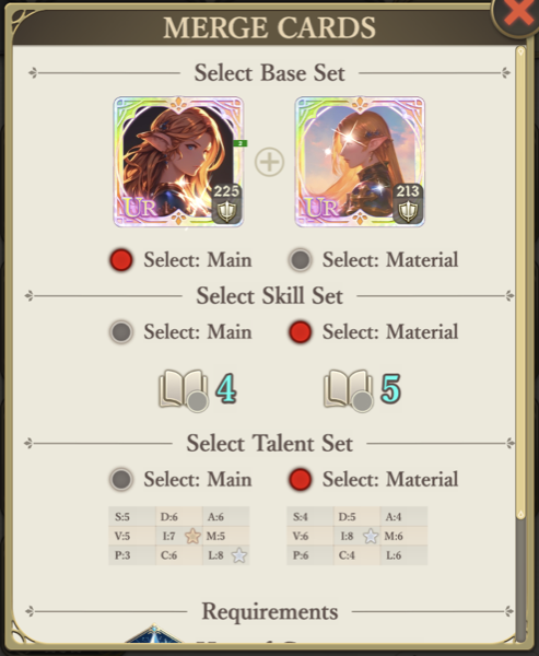 Merge Cards modal with main / material slots and three axis toggles