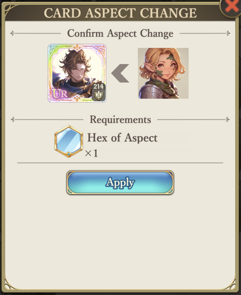 Change Aspect modal with main / material slots