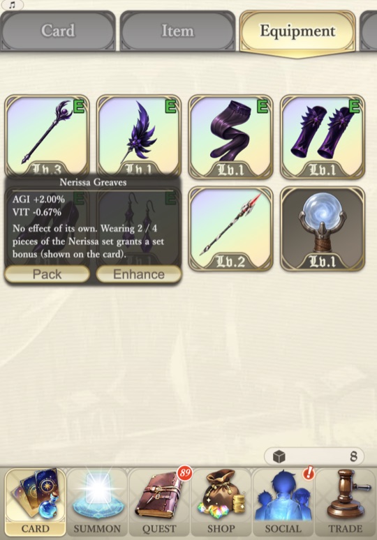 The Equipment tab with a tooltip open