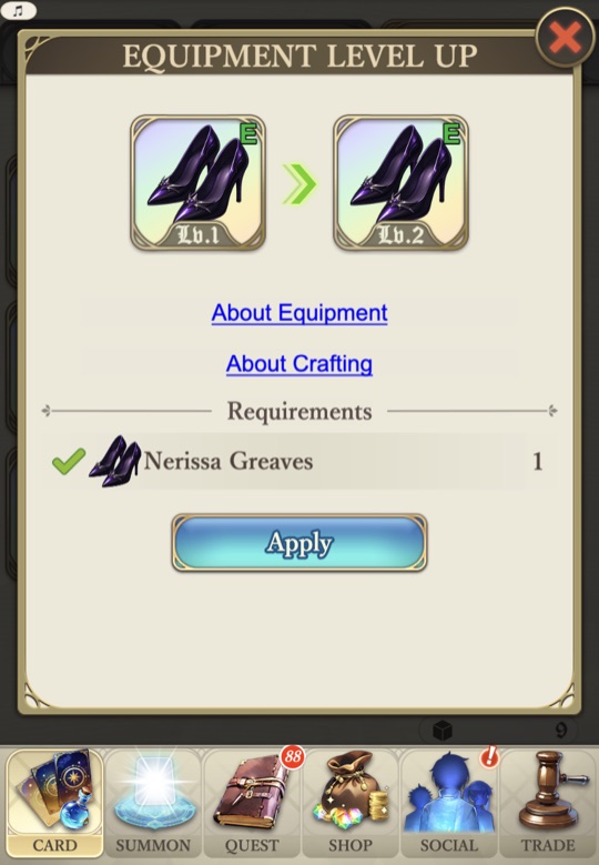 The Equipment Level Up screen