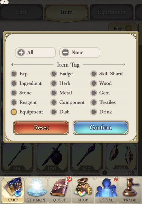 The Item tab with the Equipment filter