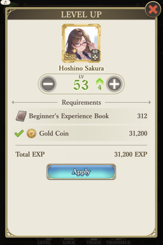 Level Up dialog showing Experience Book and Gold requirements