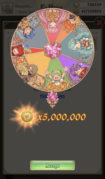 Kizuna prize wheel revealing a 5,000,000 gold reward