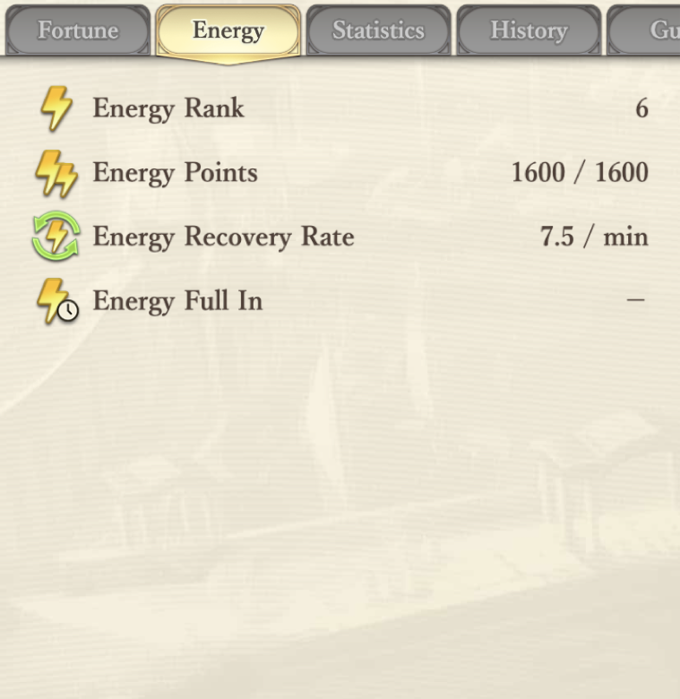 Energy tab showing rank, points, and recovery rate