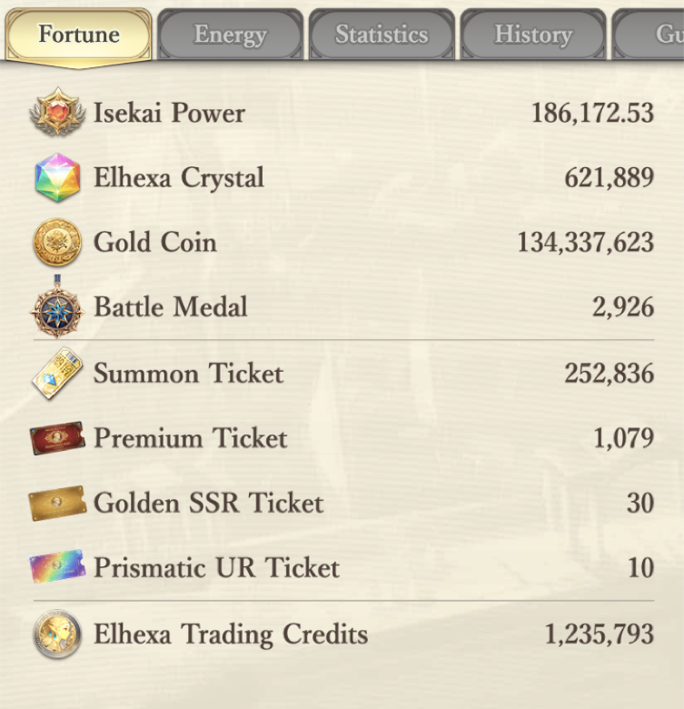 Fortune tab showing currency balances