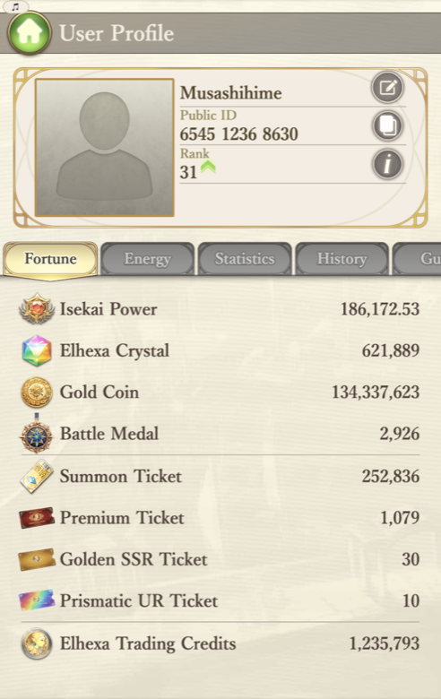 User Profile screen showing player info and tabs