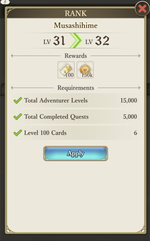 Rank up screen showing requirements and rewards
