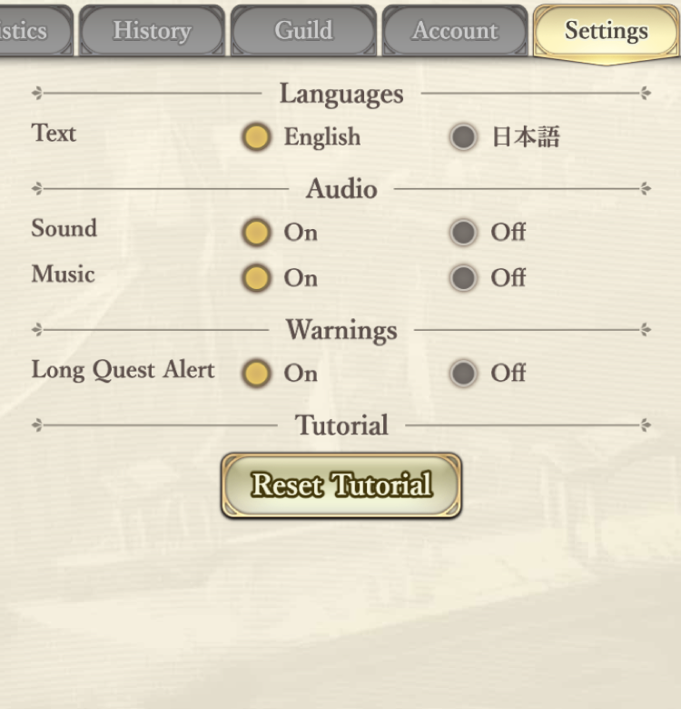 Settings tab showing language, audio, and warning options