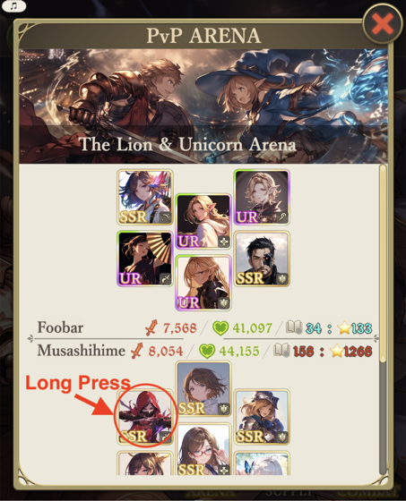Long-pressing one of your team hero slots in the PvP arena to open its card