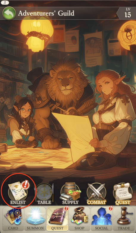 Adventurers' Guild screen with the Enlist button highlighted