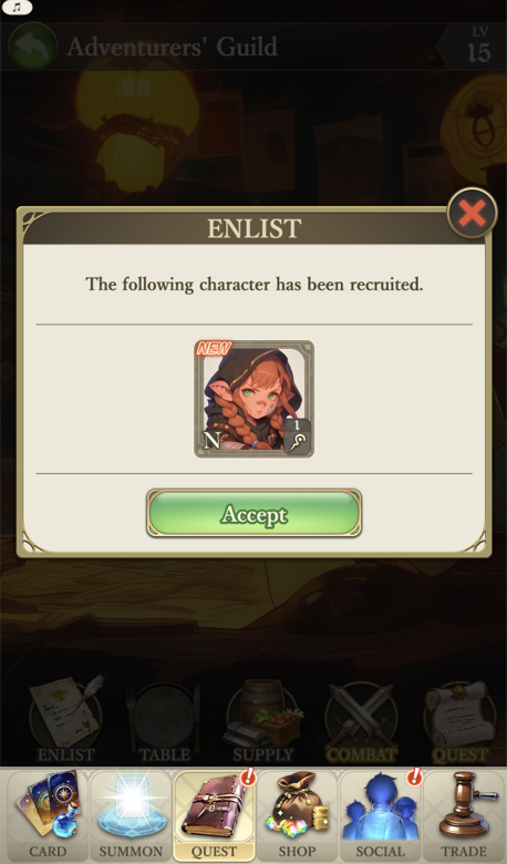 Enlist result showing a recruited adventurer card