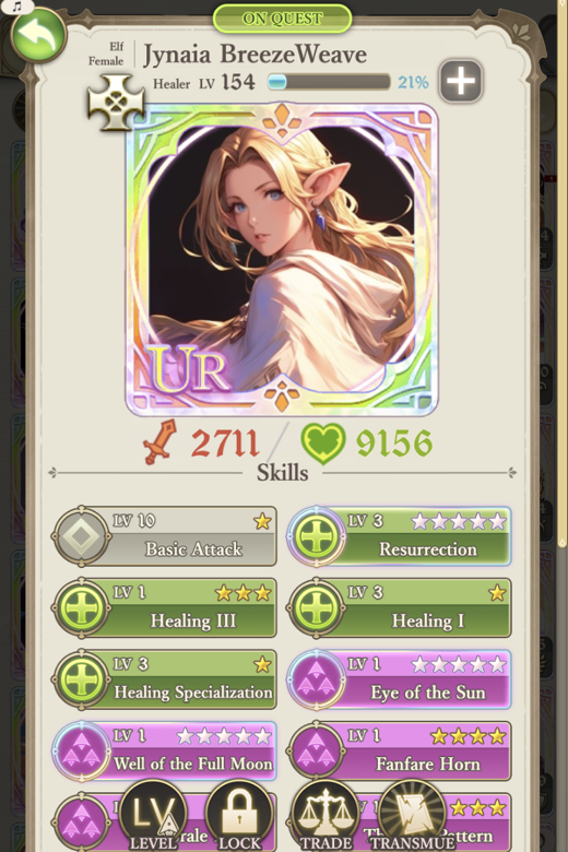 UR adventurer card with many learned skills equipped