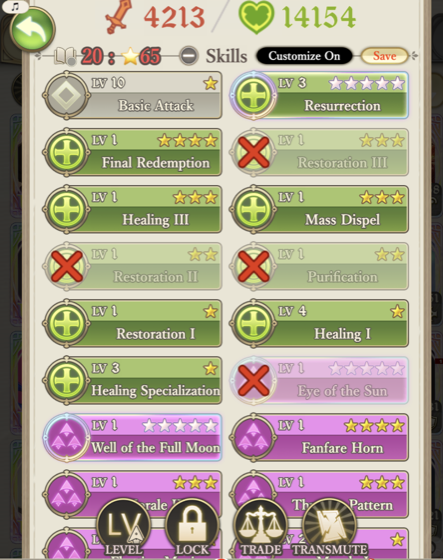 Edit mode with check and cross toggles on each skill
