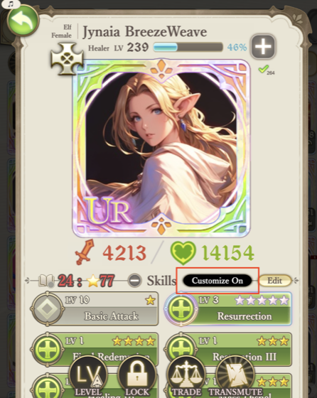 Card with Customize switched On and an Edit button