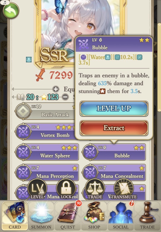 Skill tooltip on the card screen with the Extract button under Level Up