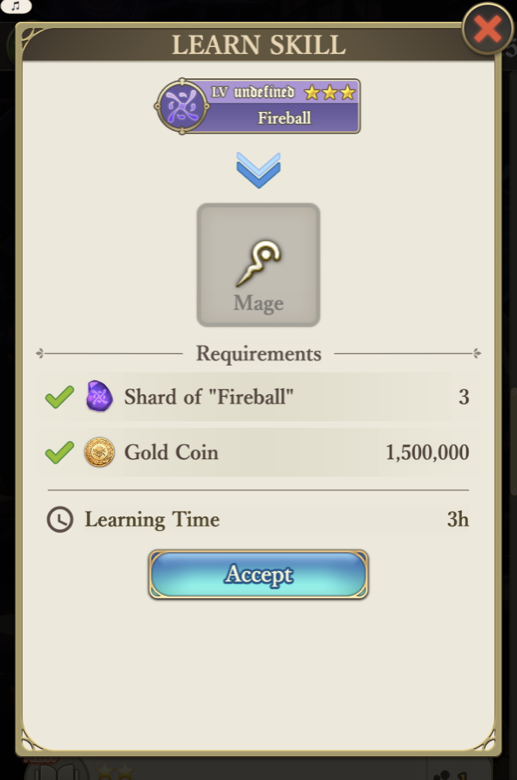 Learn Skill dialog showing shard, gold, and time requirements for Fireball