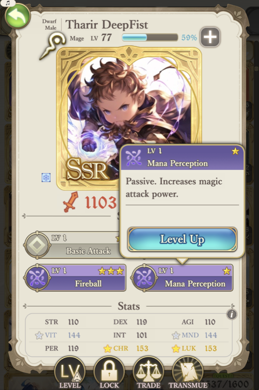 Card detail screen with skill selected and Level Up button