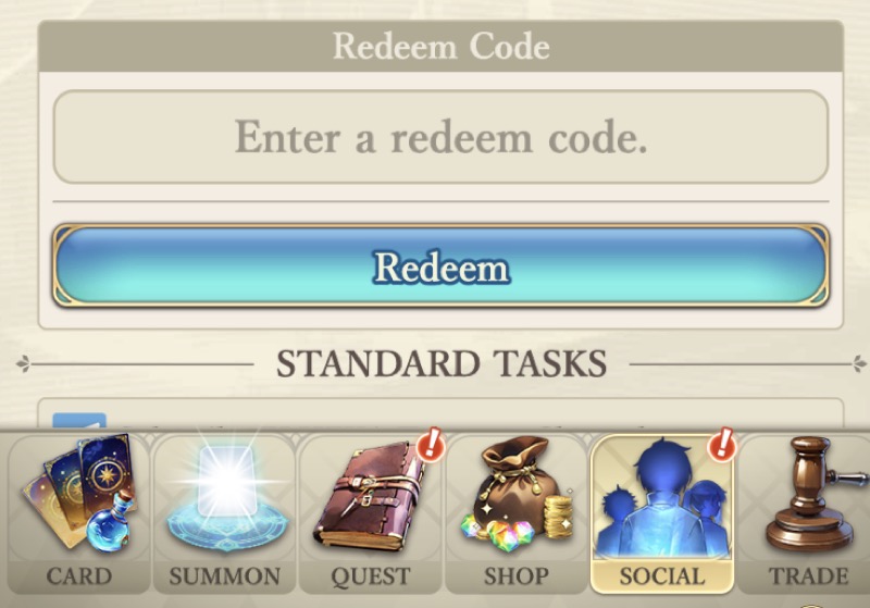 Redeem code screen