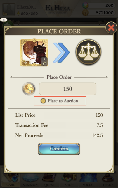 Place as Auction toggle in the Place Order screen
